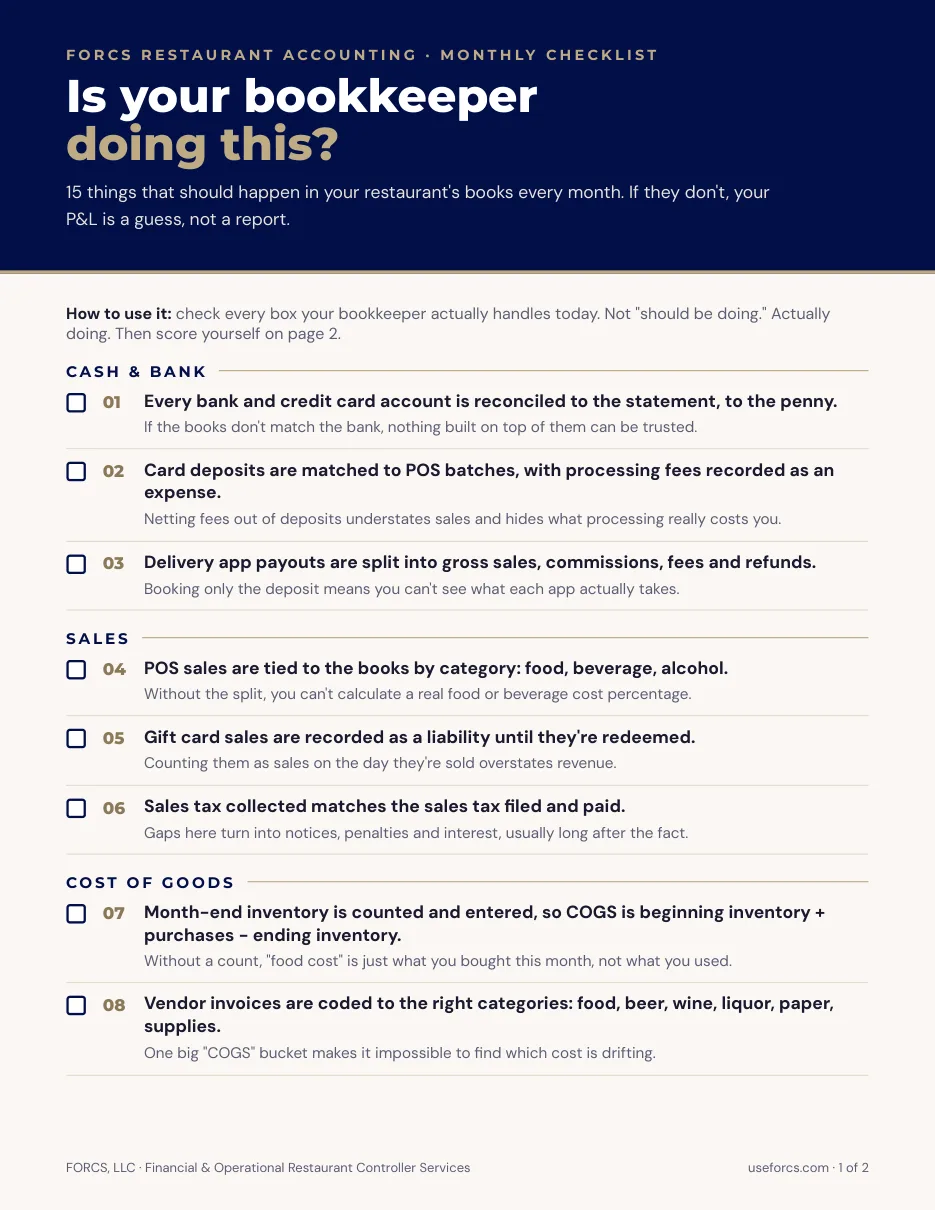 Page 1 of the FORCS monthly restaurant books checklist